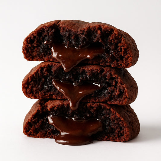 Stack of chocolate cookies with melting chocolate on a white background