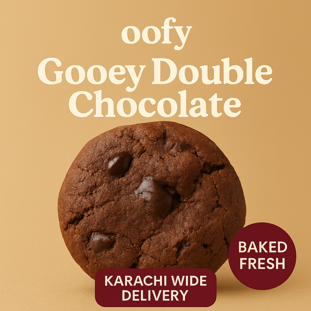 Chocolate cookie with 'oofy Gooey Double Chocolate' text on a beige background