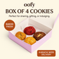 Box of four cookies with a pink box on a beige background, featuring text about delivery and freshness.