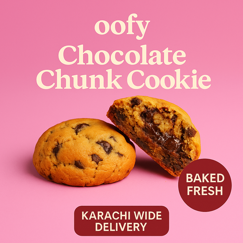 Chocolate chunk cookie with a bite taken out on a pink background, labeled 'oofy Chocolate Chunk Cookie' and 'Baked Fresh'.