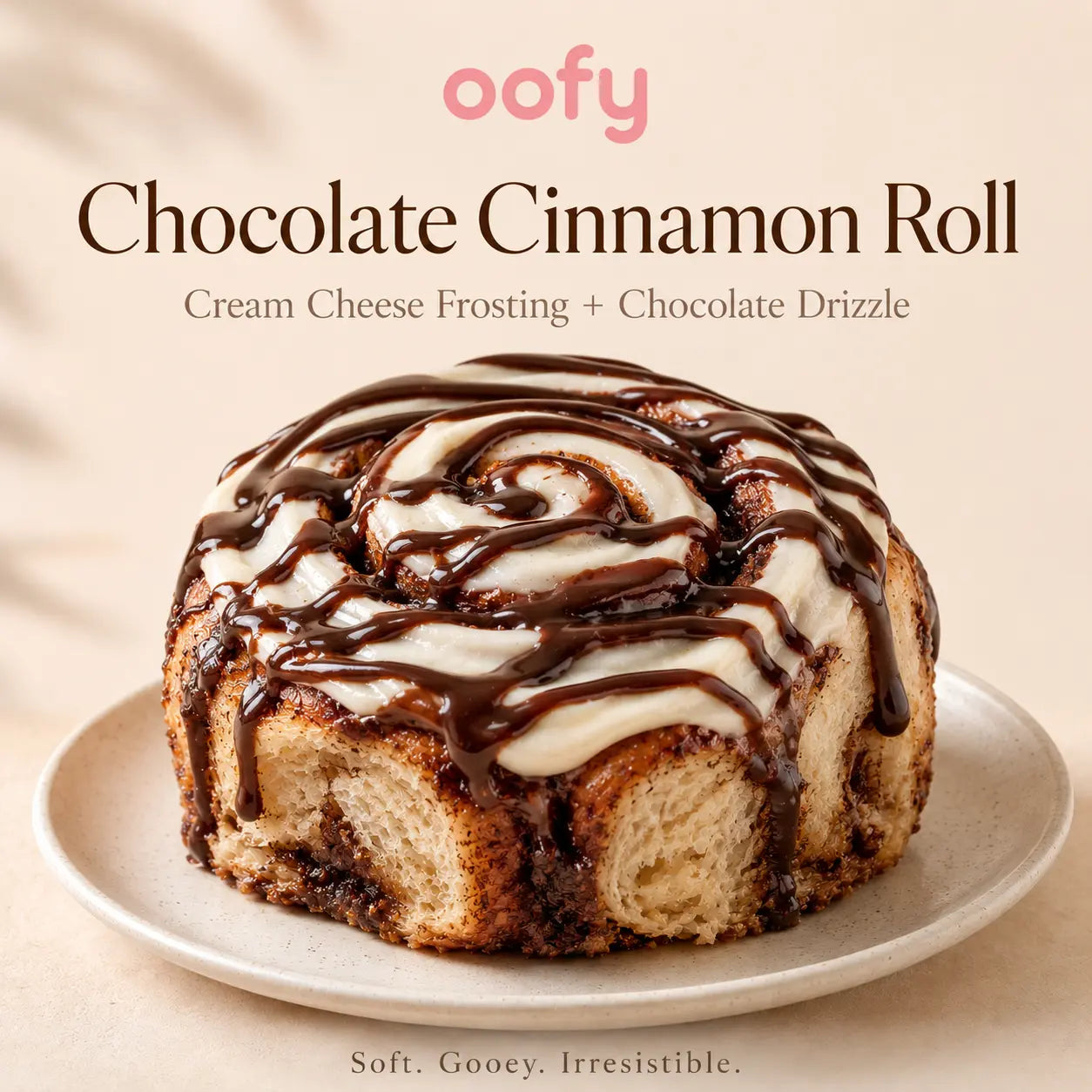 Chocolate cinnamon roll with cream cheese frosting and chocolate drizzle on a plate, branded 'oofy'.