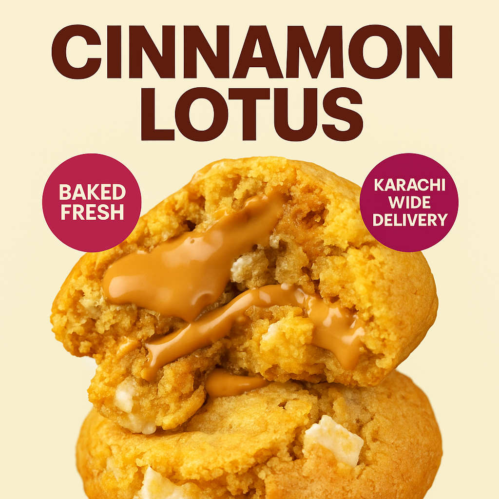Cinnamon lotus cookie with caramel filling on a beige background, featuring text about freshness and delivery.