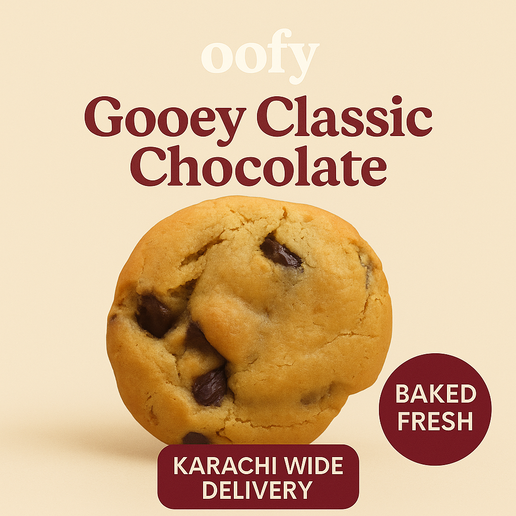 Chocolate chip cookie with 'oofy' branding and text on a beige background