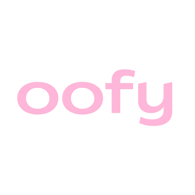Pink 'oofy' text on a white background