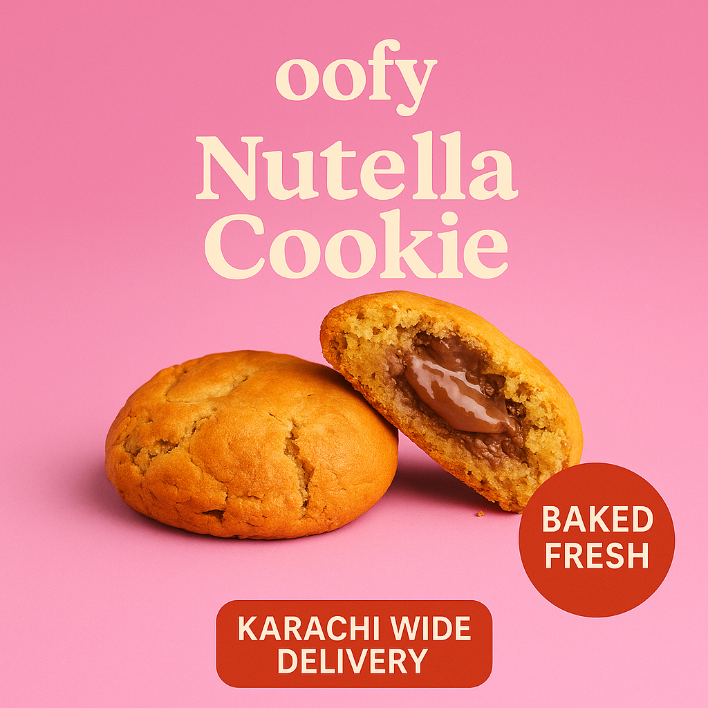 Nutella cookie with 'oofy Nutella Cookie' text on a pink background
