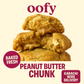 Peanut butter chunk cookies with 'oofy' branding on a beige background