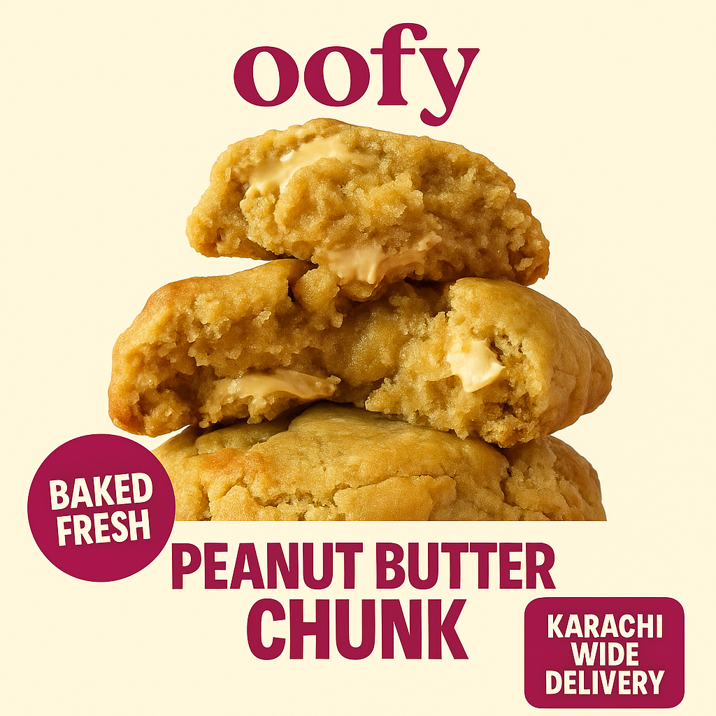 Peanut butter chunk cookies with 'oofy' branding on a beige background