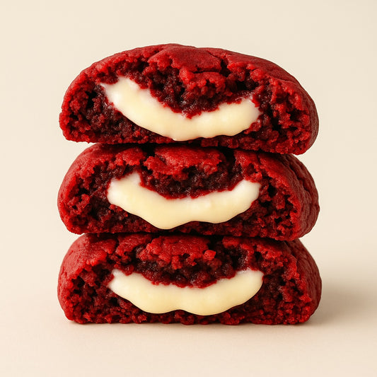 Stack of red velvet cookies with cream cheese filling on a beige background