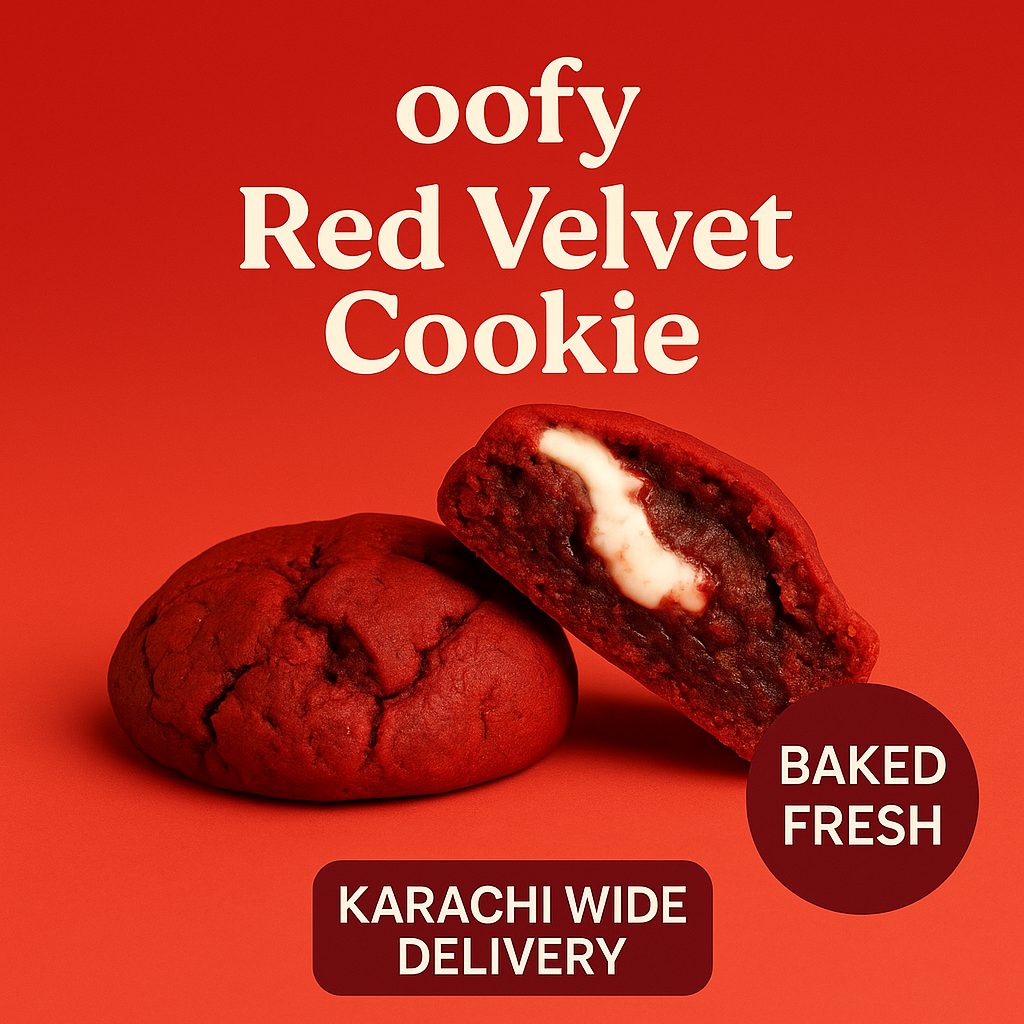 Red velvet cookie with cream filling on a red background, labeled 'oofy Red Velvet Cookie'.